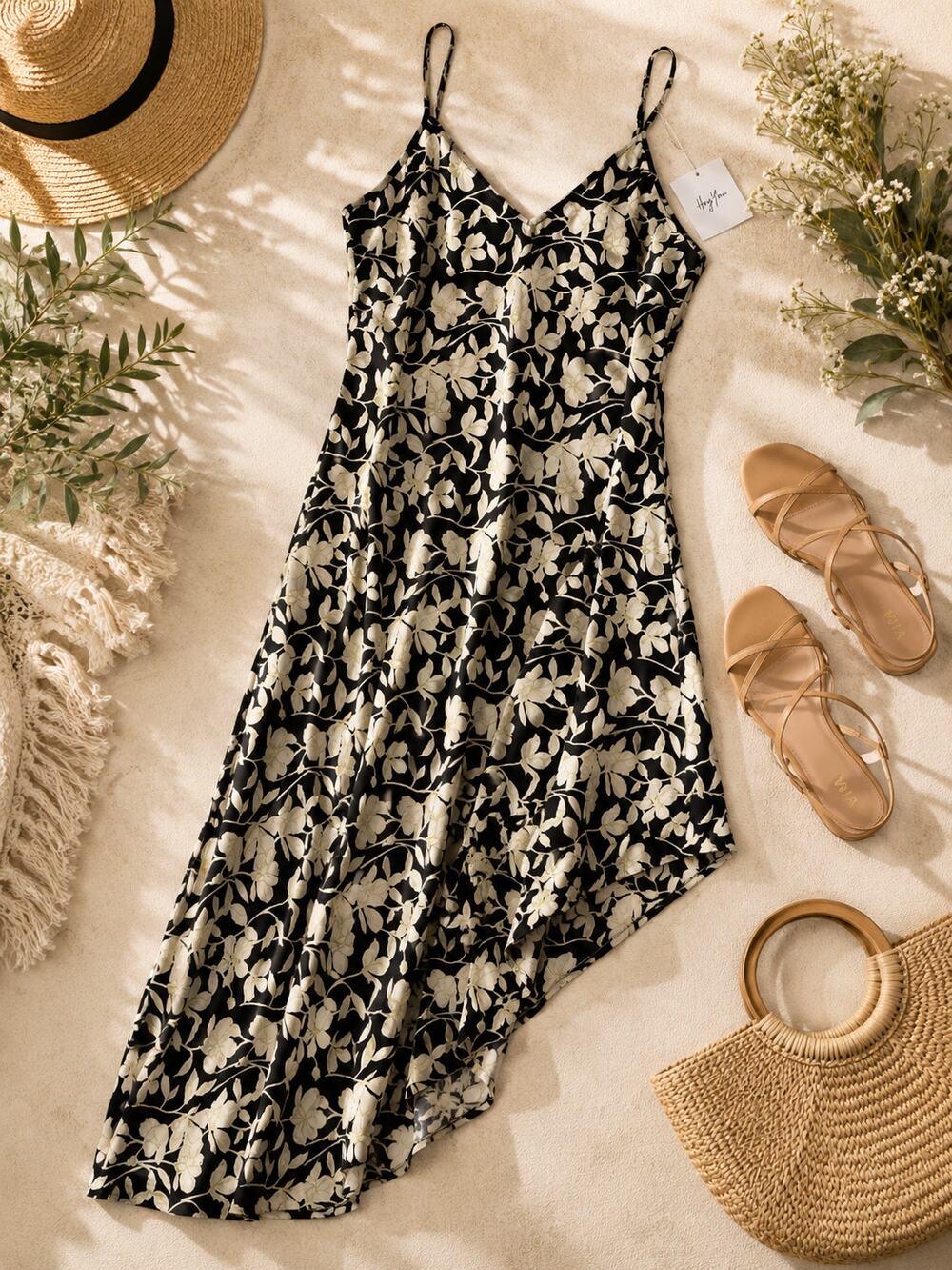 Hey You Fabulous Floral Midi Dress XS Black Ivory Spaghetti Strap NWT V Neck